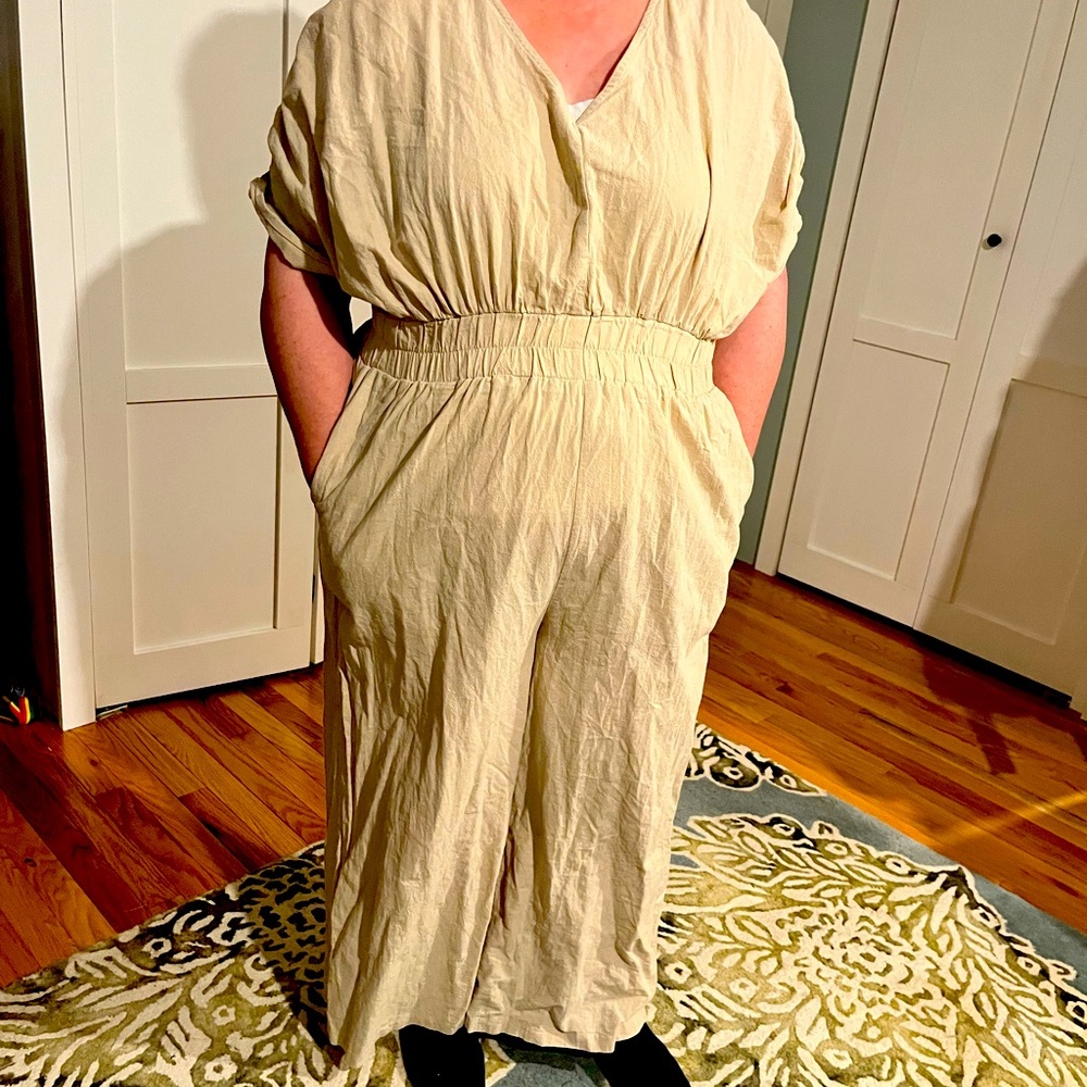 Tan linen-esque wide leg jumpsuit